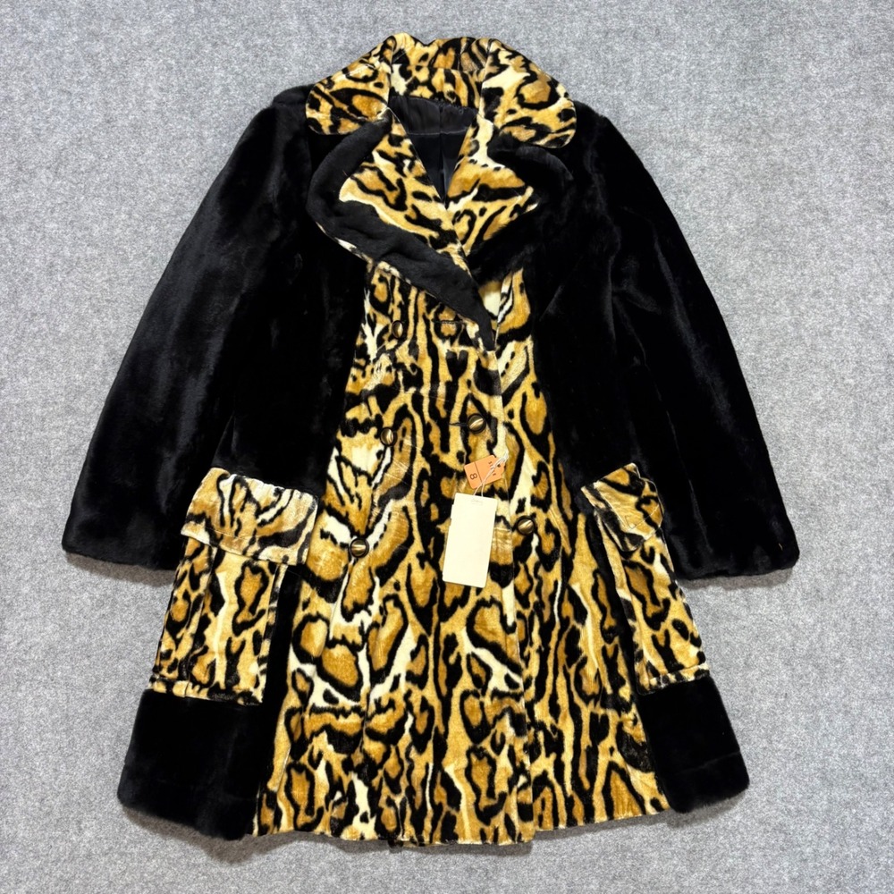 Vintage Leopard Print Faux Fur Coat Black Panel Double Breasted Jacket Size 8